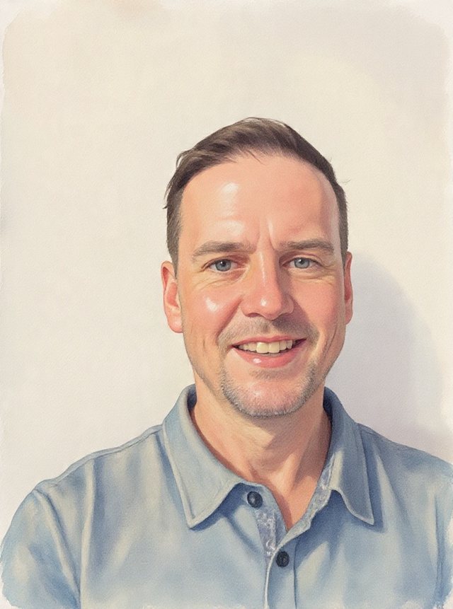 Watercolor portrait of Edward Casteloes, Founder of Compliance Colleague, smiling in a light-blue shirt